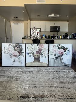 Oversized Floral Woman Canvas Wall Art – 48x50 – Set of 3 or Individual