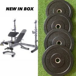 OLYMPIC SQUAT RACK WITH FULL BODY BENCH + (4) 10 LB OLYMPIC BUMPER PLATES NEW WORKOUT GYM EQUIPMENT