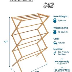 😀2Pc Honey-Can-Do Collapsible Bamboo Drying Rack – Sturdy & Foldable Laundry Drying Rack, Space-Saving & Portable Clothes Rack for Air-Drying Clothes