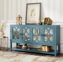 60” Antique Blue Designer Sideboard / Console Table  w/ Mirrored Cabinet Doors & Adjustable Shelves & Solid Wood Legs [NEW IN BOX] <Assembly Required>
