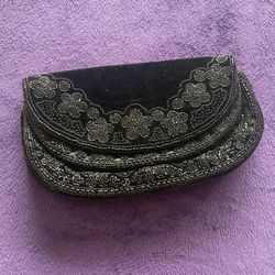 Vintage Black Velvet Beaded Clutch, Hand Beaded Evening Purse, Retro Formal Bag