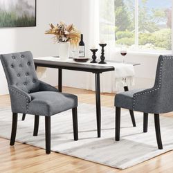 Set of 2 Dining Chairs Upholstered Dining Chairs Tufted Dining Room Chairs, Dark Gray