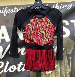 Weissman Girls MC Sequin Fringe Dance Costume Mesh Sleeves Black Red 12723