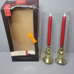 Pair Of Flameless Red Taper Candles 8.5" With Mercury Glass Style Base - No Remote