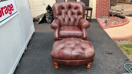 Free brown leather chair and foot stool