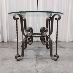 Round Glass Top Bronze Metal Scrollwork Accent Table