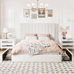 Queen Size Storage Bed Frame, Vertical Channel Tufted Adjustable Headboard, Velvet Upholstered Platform Bed with 4 Oversized Underbed Drawers, Wooden 