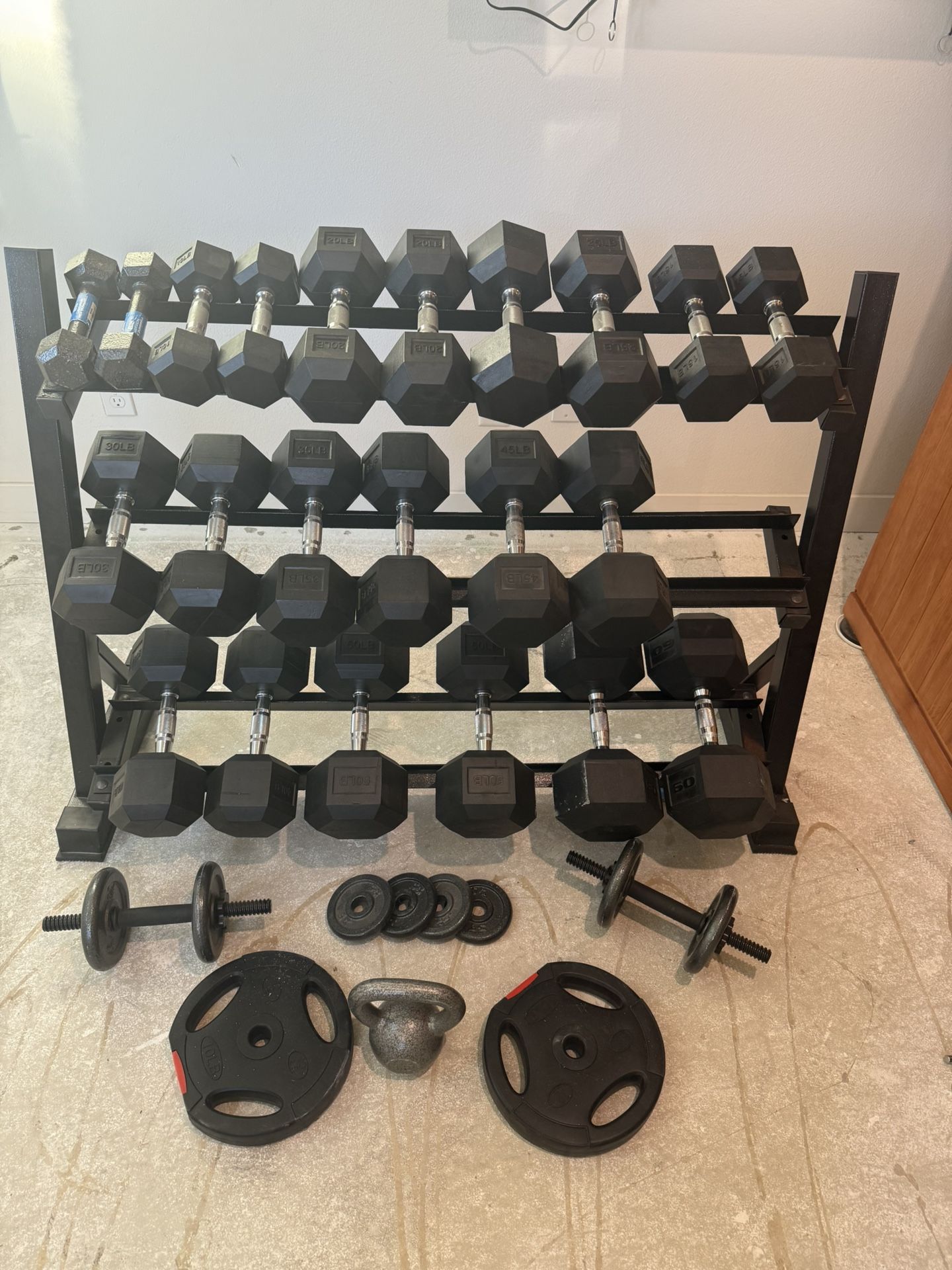 Full Dumbbell Set (5–60 lb Pairs) + 3-Tier Rack – 395 lbs Total