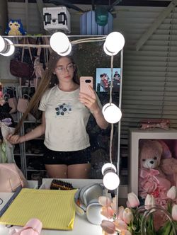 White and blue floral graphic tee