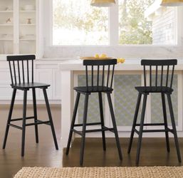 LUE BONA Windsor Wooden Barstools Set of 3 for Kitchen Island, Farmhouse 30 Inch Bar Height Stools Chairs with Spindle Back for Bar Bistro, Black