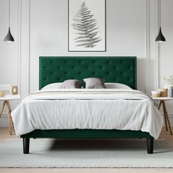 Full Size Bed Frame, Velvet Upholstered Platform Bed with Adjustable Diamond Button Tufted & Nailhead Trim Headboard, Green