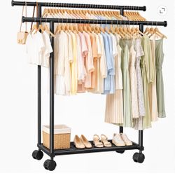Black Double Rods Metal Clothes Rack Rolling