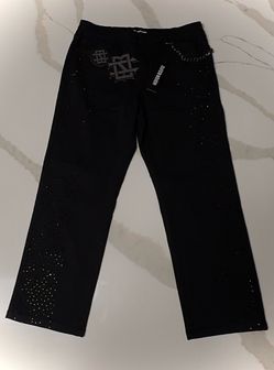 Black Rhinestone Straight Fit Stretch Jeans With Pocket Chain 38x30