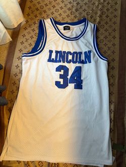 White and blue basketball jersey with blue text reading 'LINCOLN' and the number '34' #basketball #jersey