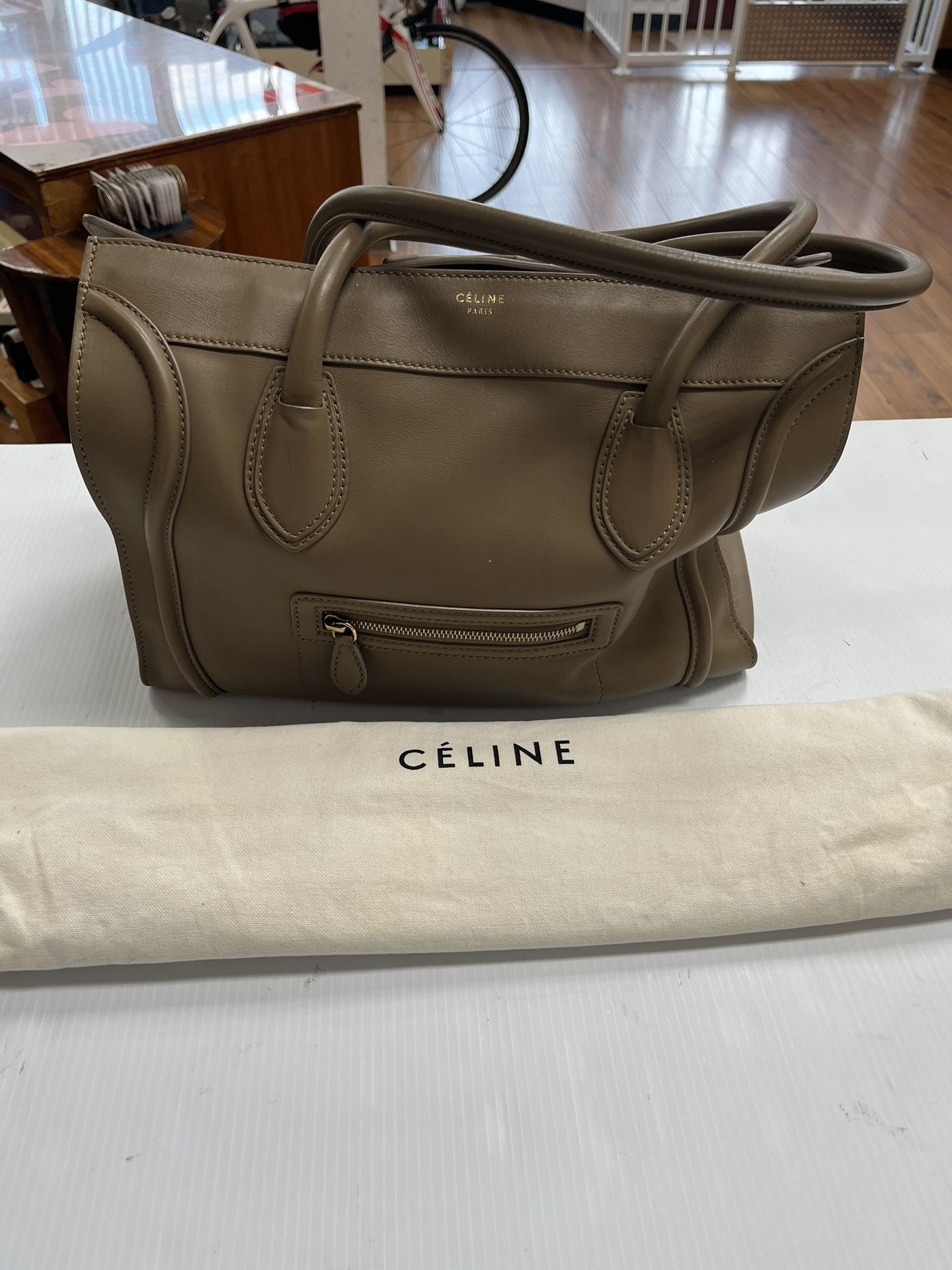TAN CELINE LEATHER MINI LUGGAGE TOTE BAG, IN USED CONDITION, WITH DUST BAG
