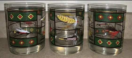 FLY FISHING DRY LURE GLASS Lowball Whiskey Glasses (set Of 3) Vintage