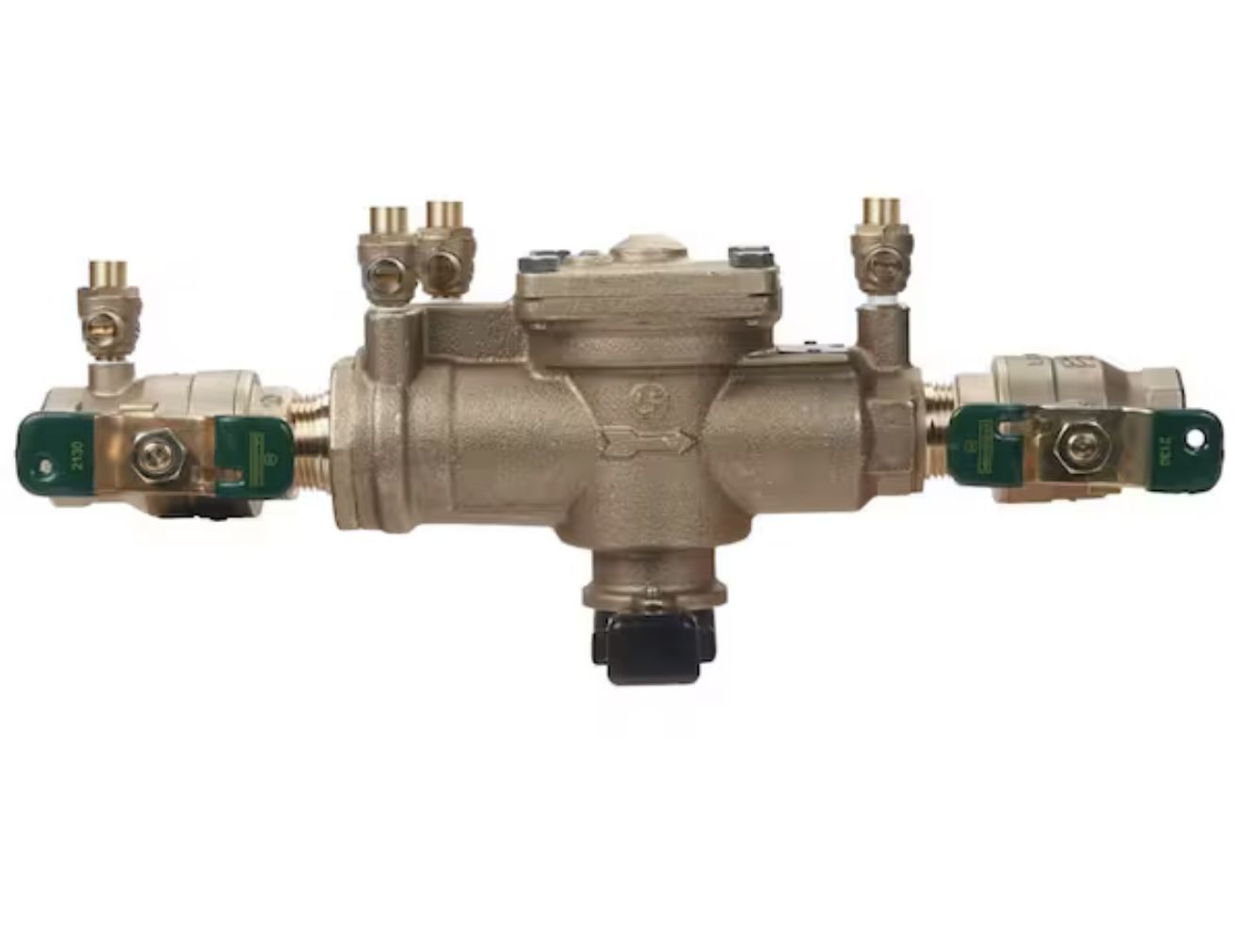 Watts 1 IN Bronze Reduced Pressure Zone Backflow Preventer Assembly, Quarter Turn Shutoff Valves Tee Handles, Flood Sensor