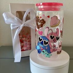 Stitch Valentines Day Glass Tumbler