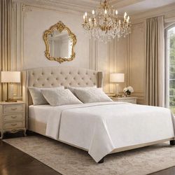 Full size bed frame Essential Wingback Platform  with Tufted,Beige B-28