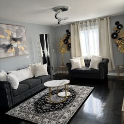 Dark Gray, Tufted Fabric Sofa And Loveseat With White Accent Pillows New Only 2 Months Old