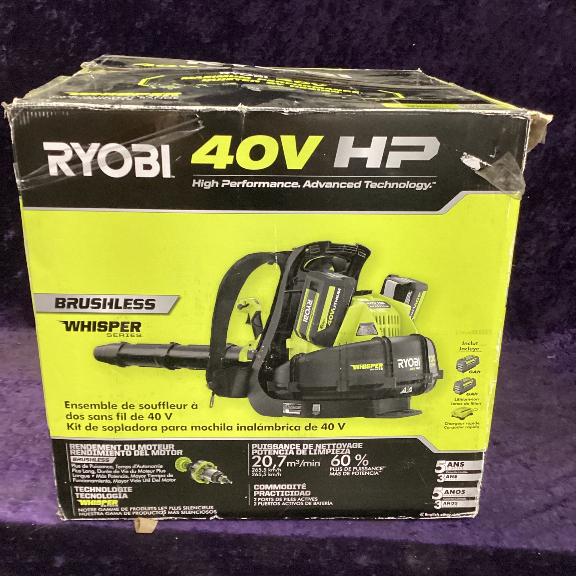 🛠🧰RYOBI 40V HP Brushless WHISPER 165MPH/730CFM Backpack Blower w/(2)6.0 Batts/Charger-NEW!-$300!🧰🛠