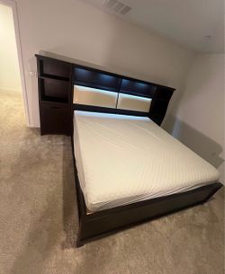 Dark Wood King Bed Frame with Storage Headboard