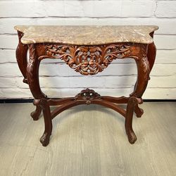 Rococo Style Carved Wood & Pink Marble Console Sofa Table