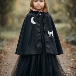 Vintage Witch Cape CLOAK Cat Moon Handmade Silk Lining Black Holiday Halloween Costume w/ Hood Kids