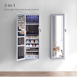 6 LEDs Mirror Jewelry Cabinet, 47.2-Inch Tall Lockable Wall or Door Mounted Jewelry Armoire Organizer with Mirror, 2 Drawers, 3.9 x 14.6 x 47.2 Inches