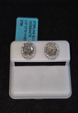 Silver Oval Halo Moissanite Earrings