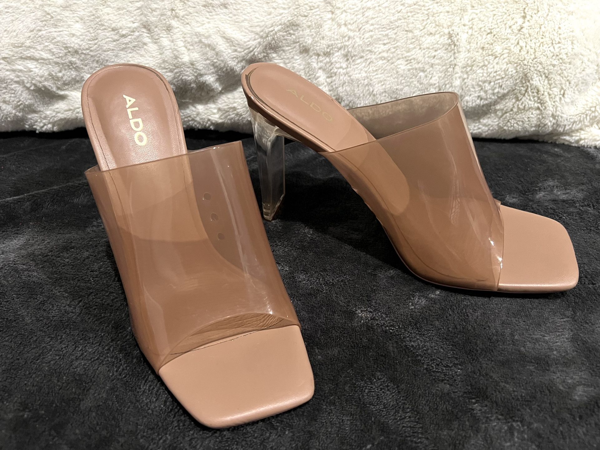 ALDO Slip On Open Toe Block Clear Heel Mule 4”