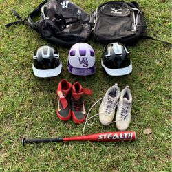 Baseball Bag, Helmet, Cleats, Tee Ball Bat