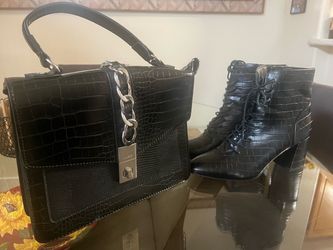 Black crocodile print boots and purse