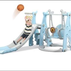 Ealing 4 in 1 Toddler Swing and Slide Sets for Age 1-3 Swing Playset with Climber,Basketball Hoop ,Blue V059
