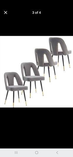 Gray Modern Velvet Upholstered Dining Chair with Nailheads and Gold Tipped Black Metal Legs