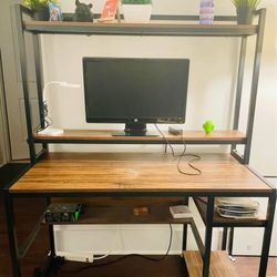 Wood and Metal Desk with Monitor Shelf and Hutch