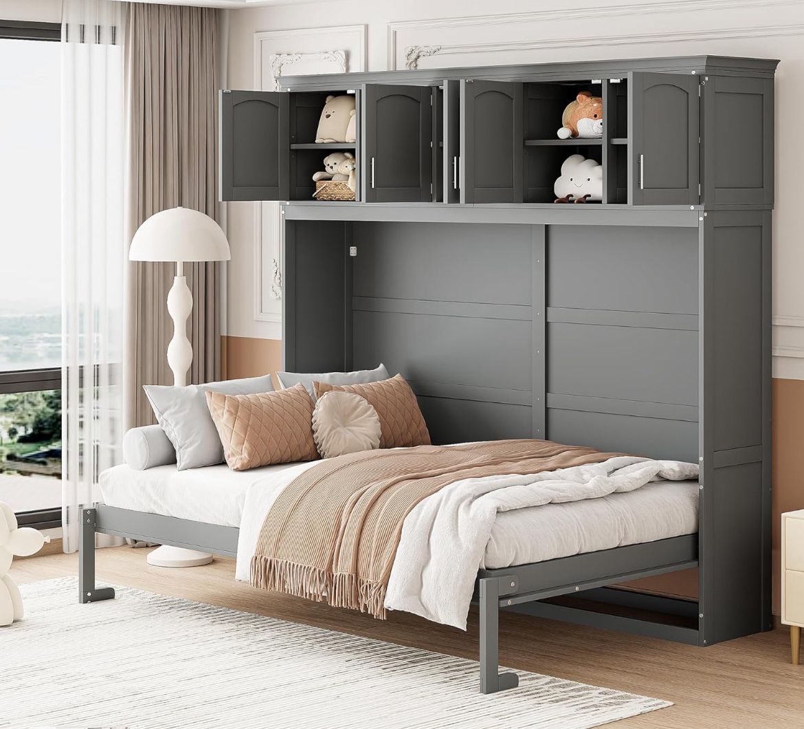 Murphy Bed with Top Cabinets,Space-Saving Wall Bed for Bedroom,No Box Spring Needed