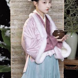 New Chinese Song Dynasty Jacket Rabbit Fur Trimmed Fleece Pink Coat Winter Floral Pattern  Length 23” Armpit to armpit 46”