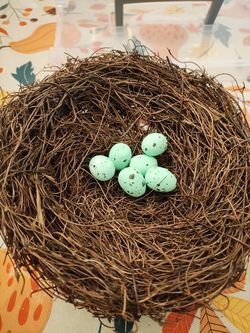 6" Rattan Birds Nest with 6 Green Eggs