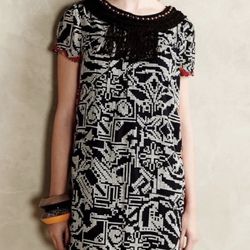 Anthropologie Embroidered Dress with Beaded Crochet Fringe Neck—Medium