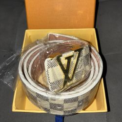 Louis Vuitton White Checkered Belt Gold Buckle Non-Reversible 115cm