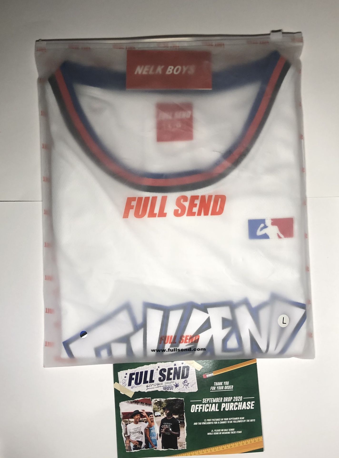 Full Send NELK Boys Basketball Jersey White( Size L ) New With Tags And Bag