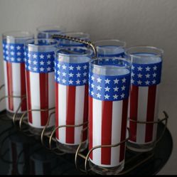 Vintage Drink Caddy And Patriotic Glasses