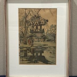 HIROSHI YOSHIDA - Antique Japanese Woodblock Print "In A Temple Yard"