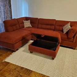 Brand New Red Velvet Like Sectional Sofa Couch +Storage Ottoman (New In Box) 