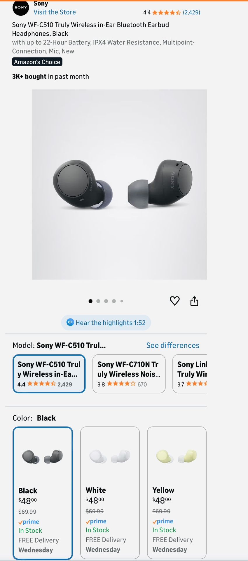Sony WF-C500 Wireless Earbuds - Black