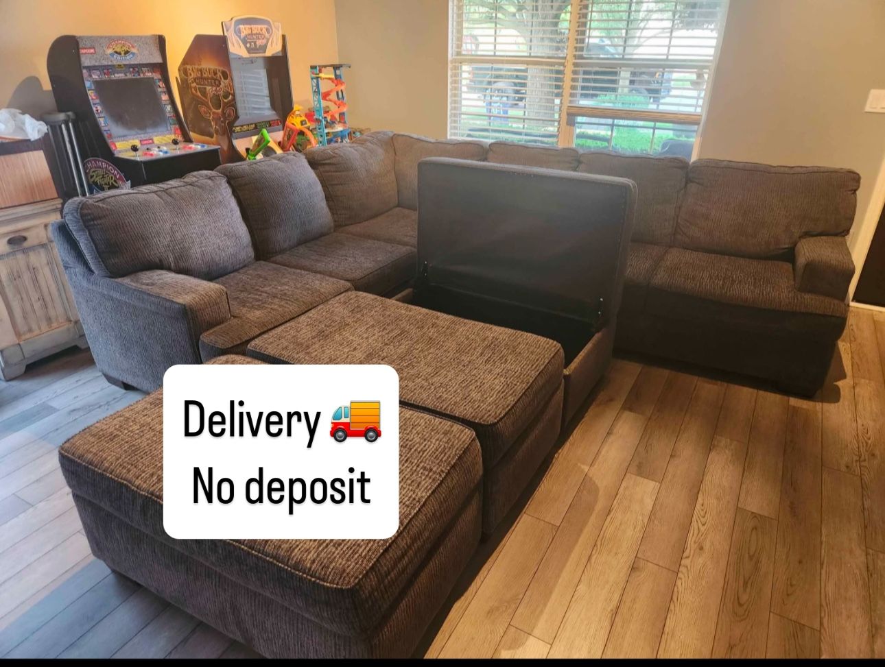 Gray large sectional L shaped with storage compartment Ottoman
