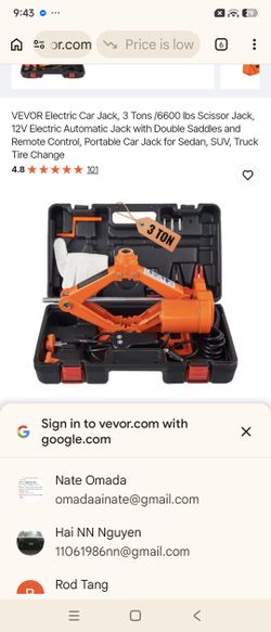 Vevor Jack Electric Portable Uses Cigarette Ac. Emergency Roadside Lift Quick Easy