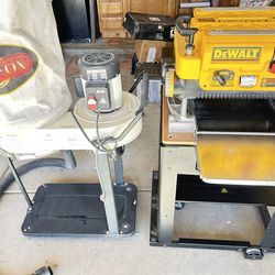 DeWalt wood planer, bench, and dust collector