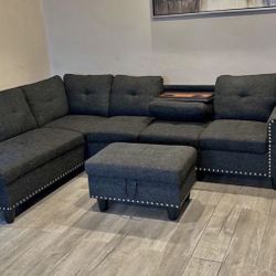 Charcoal Linen Sectional Couch With Drop Down Table And Ottoman 